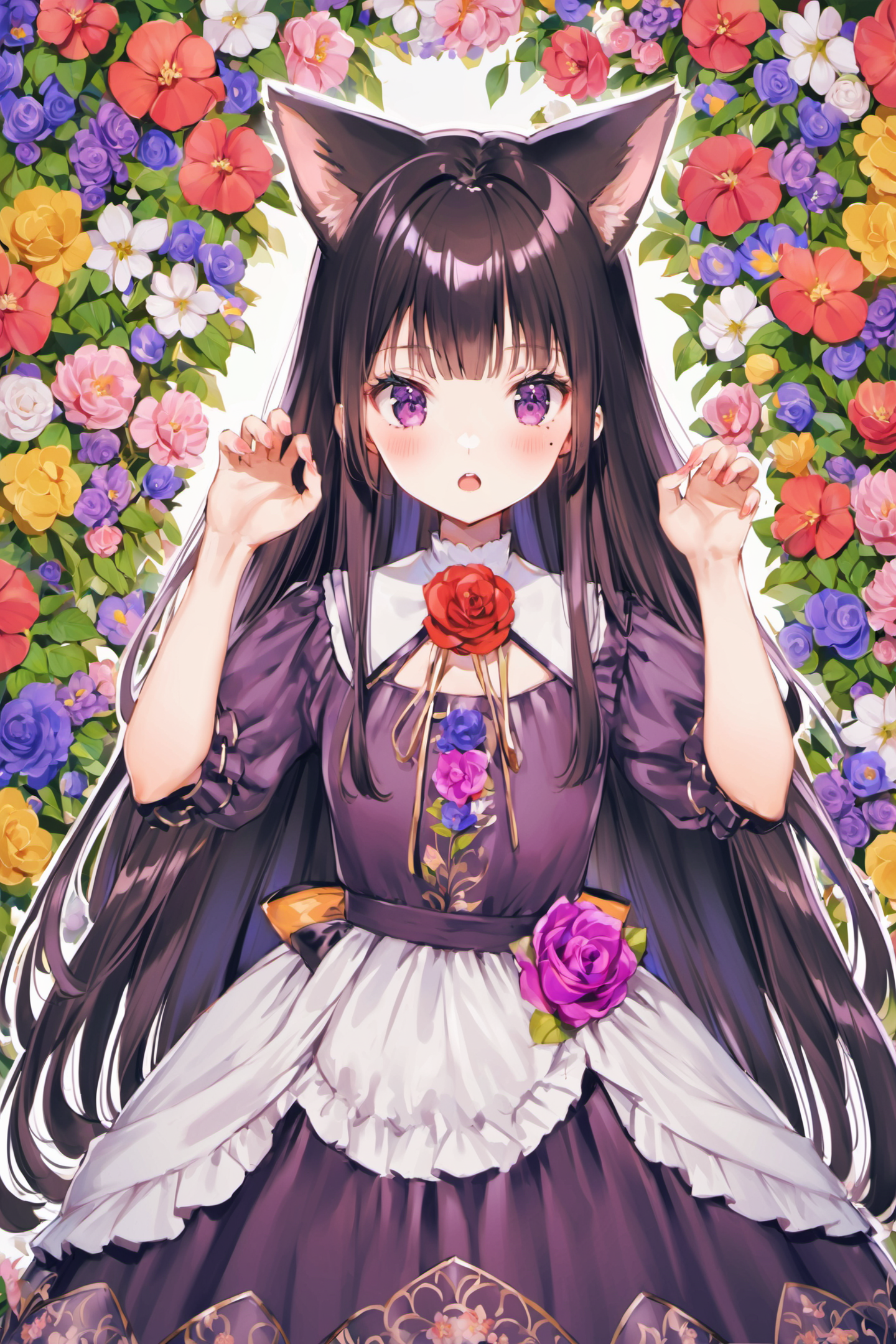 25670-266203892-1girl,gokou ruri,animal ears,long hair,solo,mole under eye,black hair,cat ears,paw pose,mole,purple eyes,dress,blush,black dress.png